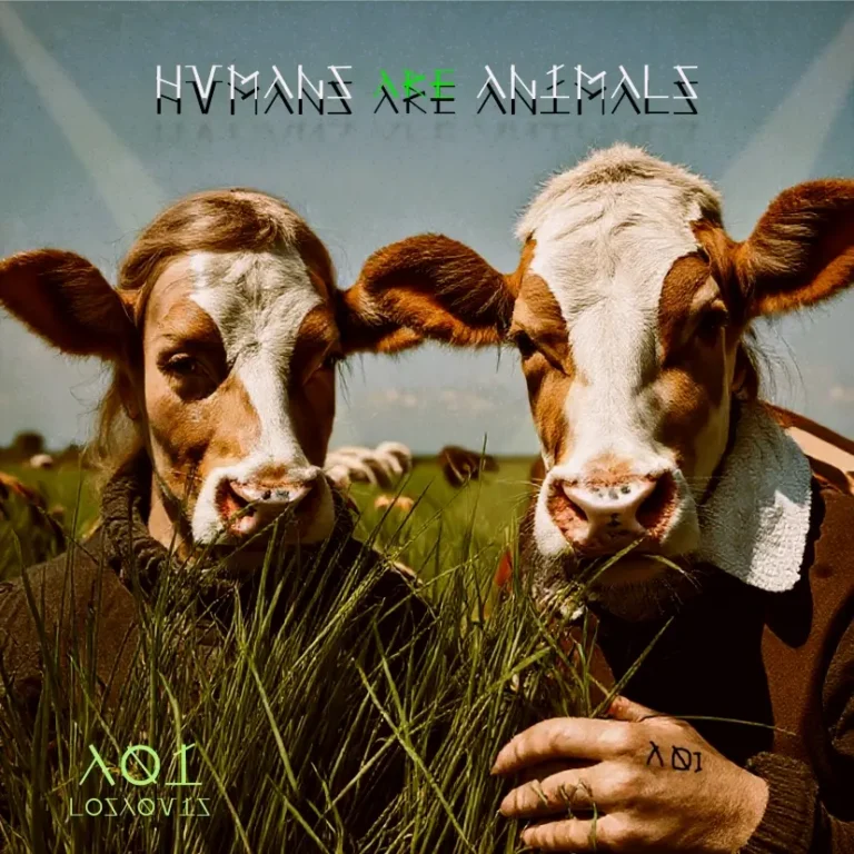 Humans with cow-like facial features eating grass on a farm, album cover for Humans Are Animals by Losaquis, symbolizing the primal connection between humans and nature