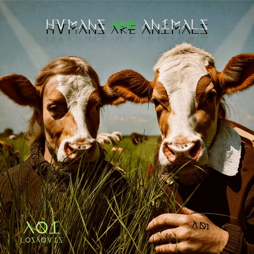 Humans with cow-like facial features eating grass on a farm, album cover for Humans Are Animals by Losaquis, symbolizing the primal connection between humans and nature