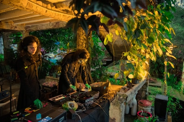 Losaquis live show in Villavicencio Colombia, performing an alien ritual in the middle of nature, with tribal electronic music and ancestral art visuals.