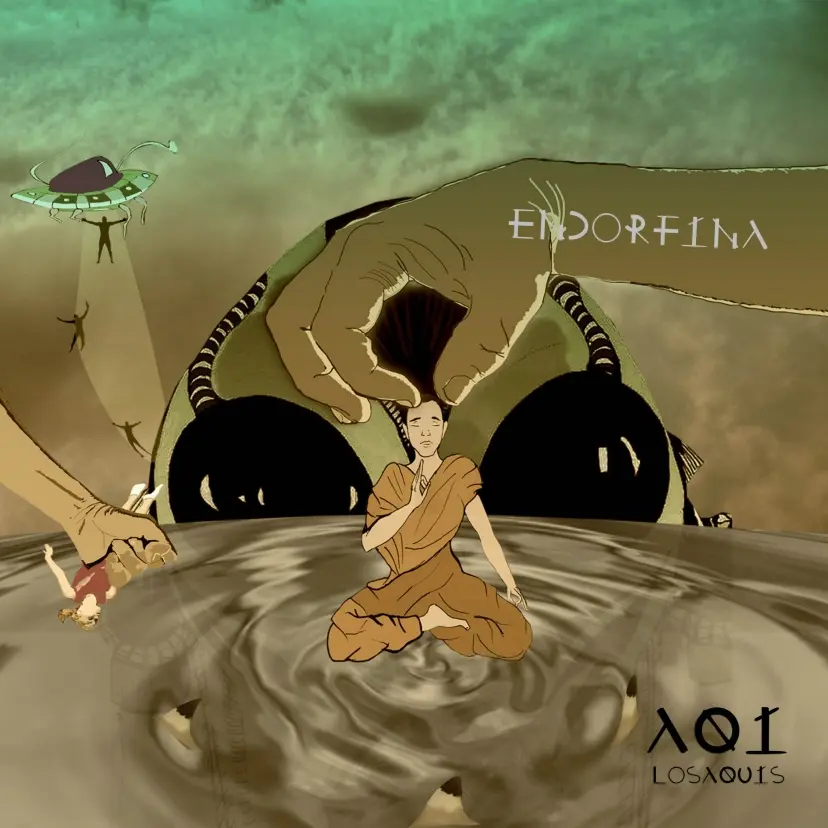 Endorfina album by Losaquis showing an alien hand immersing a woman in water with a giant alien face in the background an apocalyptic universe under alien control and a monk meditating in the center unaffected by the chaos symbolizing alien power inner peace and cosmic transformation