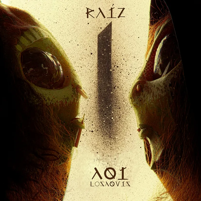 Raíz album by Losaquis featuring two Losaquis facing each other with a dimensional portal opening in the background, and the album title transforming into roots, symbolizing alien connection, ancestral identity, and deep transformation.