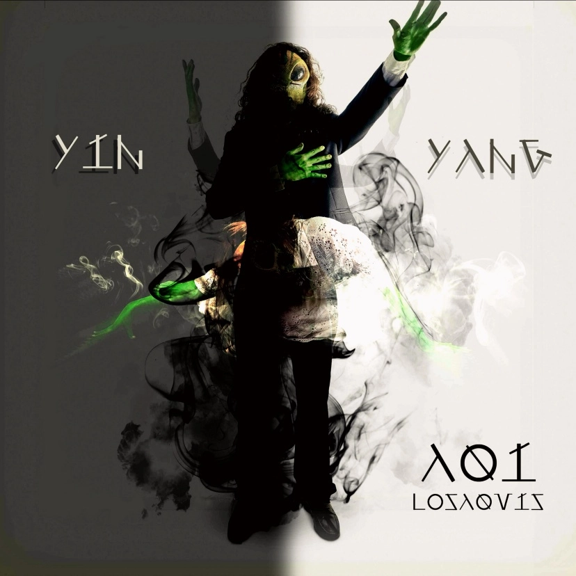 Yin Yang album by Losaquis showing the fusion of an alien man and woman, with one half in white and the other in black, representing the duality and ambiguity of human nature through alien symbolism and conceptual art.
